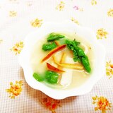 柑橘風味♪かつお菜の豆乳おだんごスープ